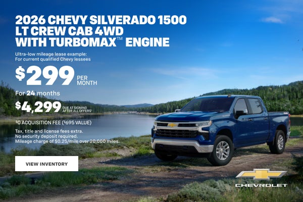 2026 Chevy Silverado 1500 LT Crew Cab 4WD with TurboMax Engine. Ultra-low mileage lease example f...